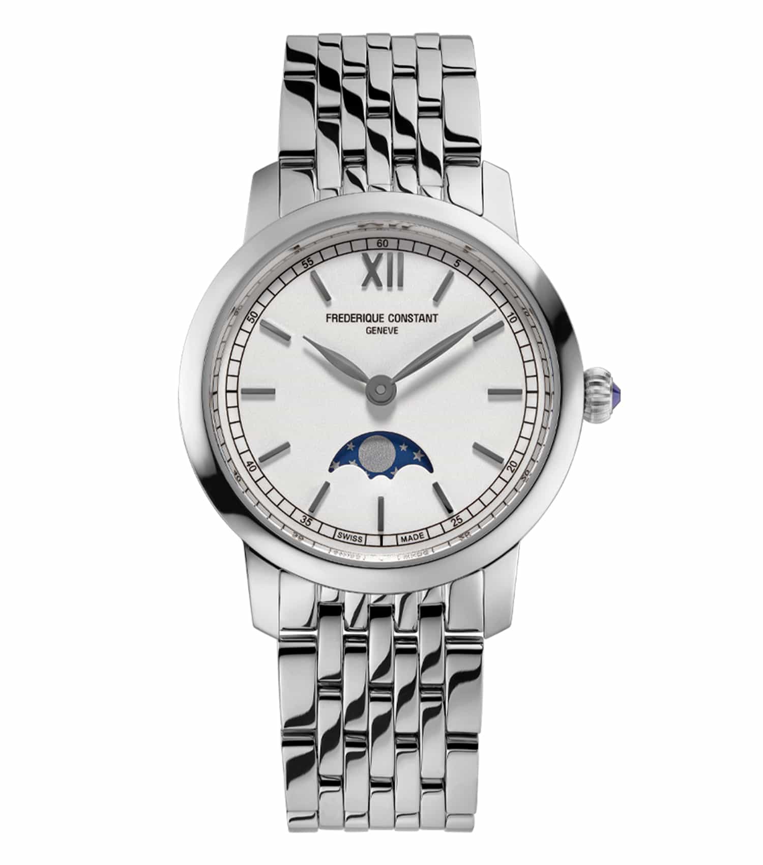 Frederique Constant silver watch, white dial, elegant leather strap, angled side view, exquisite craftsmanship, luxury timepiece