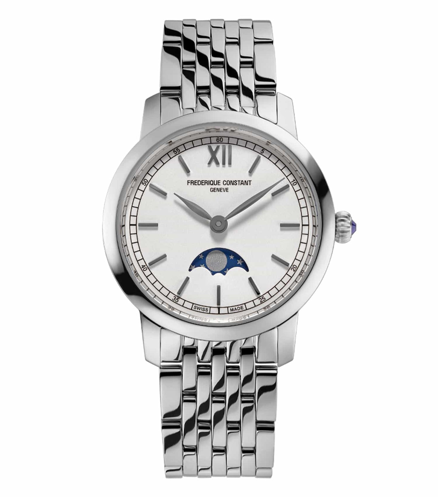 Frederique Constant silver watch, white dial, elegant leather strap, angled side view, exquisite craftsmanship, luxury timepiece