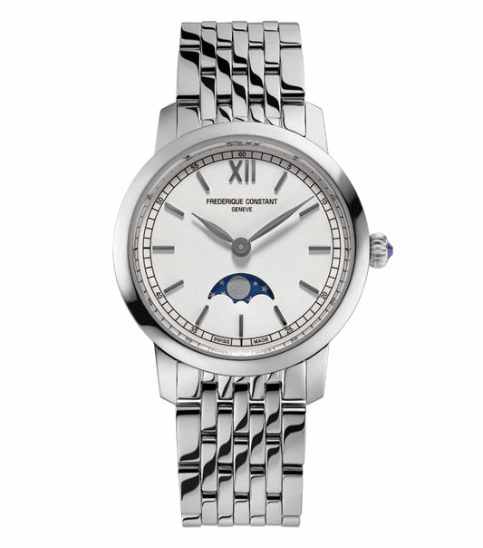 Frederique Constant silver watch, white dial, elegant leather strap, angled side view, exquisite craftsmanship, luxury timepiece