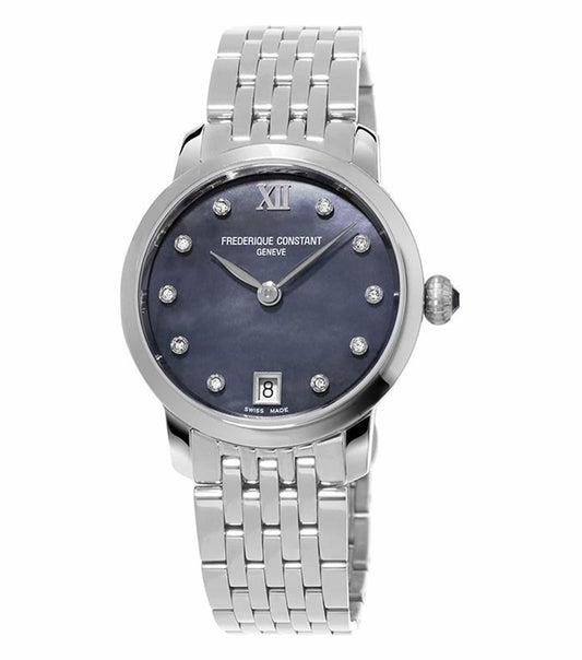 Elegant Frederique Constant black watch, silver face, angled left, showcasing timeless design and sophisticated watchmaking excellence.