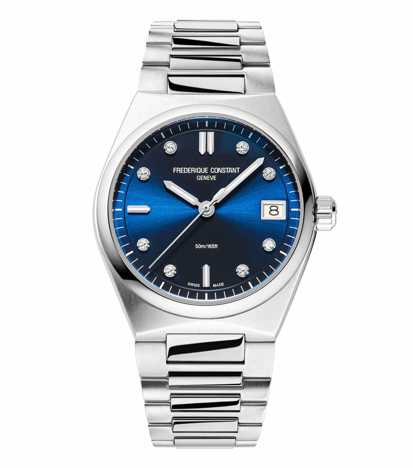 Frederique Constant silver quartz watch with blue dial and stainless steel bracelet, front angled view, showcasing elegance.