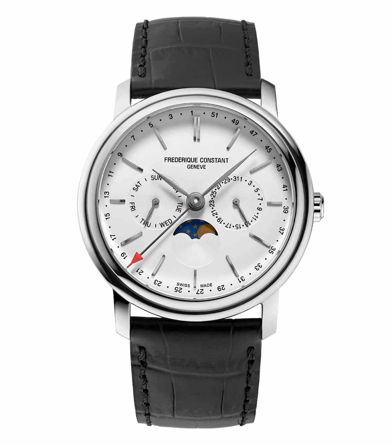 Frederique Constant classic white watch, shows a side angle, revealing a sleek black leather strap and bold dial with elegant markers.