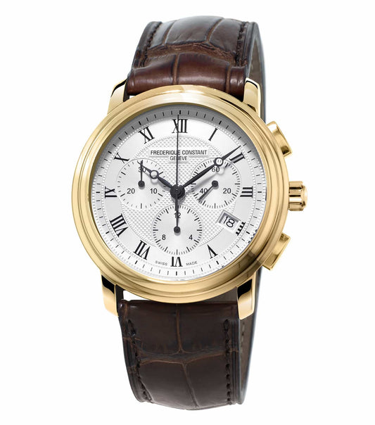 Frederique Constant silver watch with a timeless design, showcasing a harmonious frontal view; elegant, detailed craftsmanship.