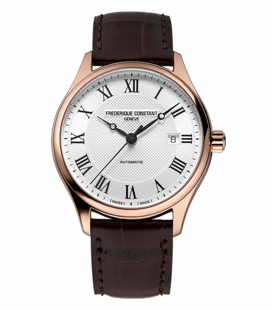 Frederique Constant silver watch, classic round dial, black leather strap, angled display showcasing intricate details, luxury timepiece.