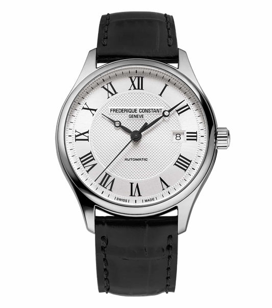 Frederique Constant blue watch, elegant round face, silver accents, black leather strap, angled view showcasing craftsmanship.