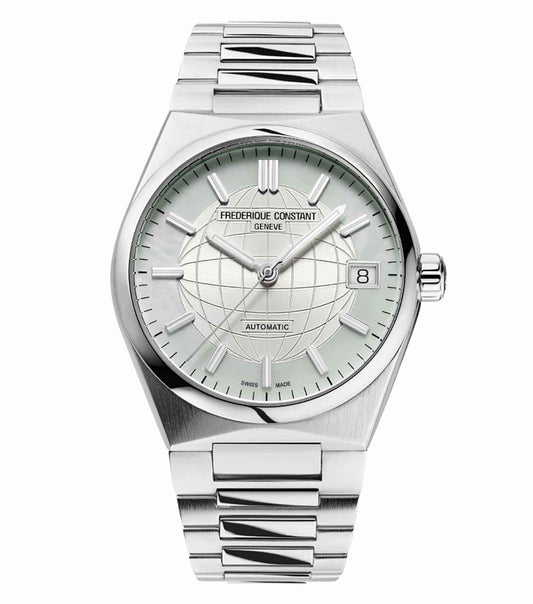 Frederique Constant silver watch, angled front view, 34mm round case, vibrant dial, classic design, elegance in horology.