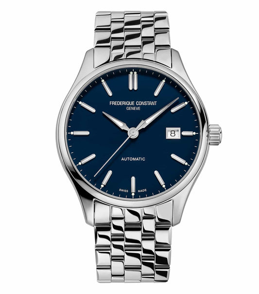 Frederique Constant blue watch, silver bezel close-up; elegant face design, showcasing timepiece from a top-down angle.
