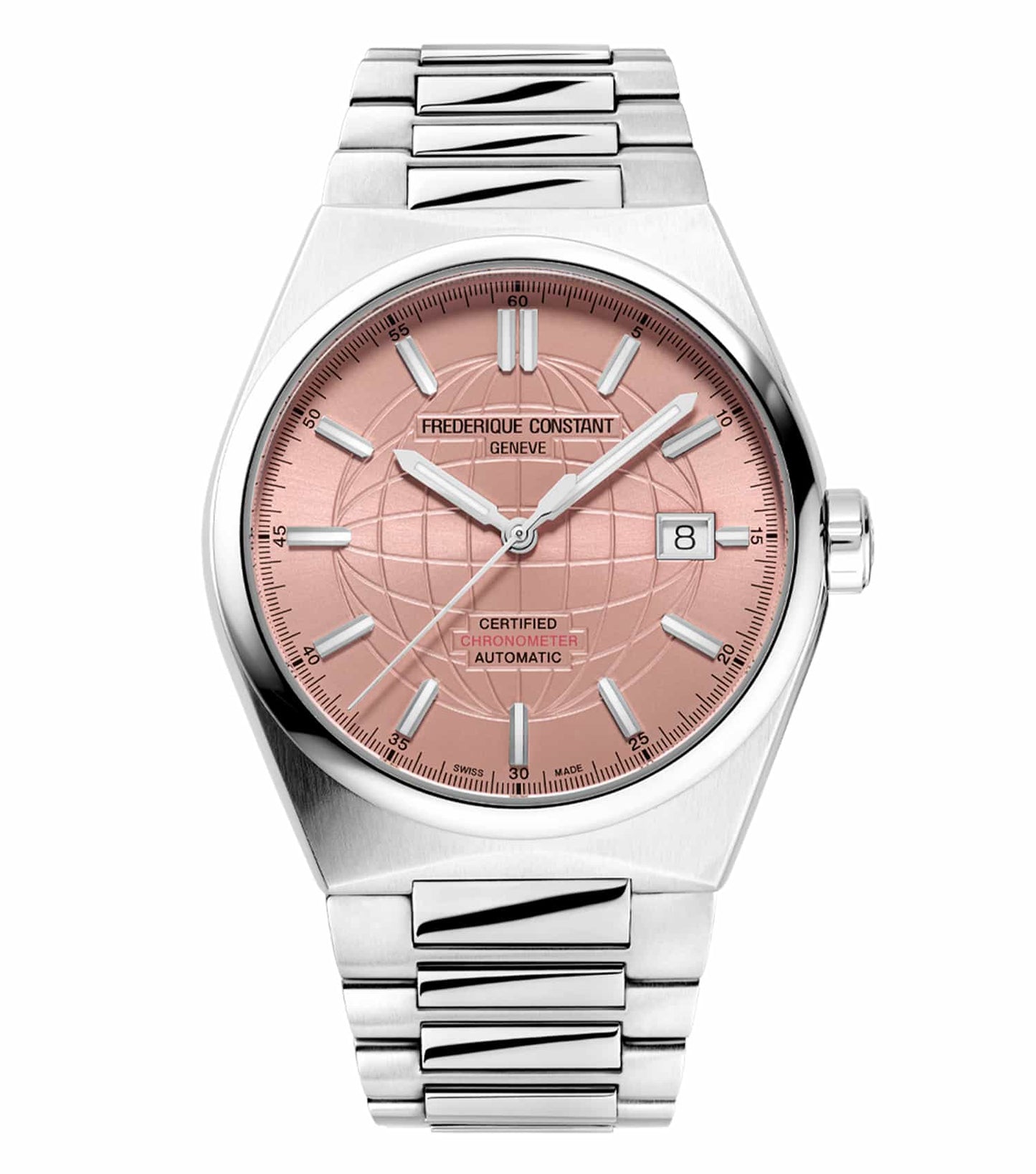 Frederique Constant silver watch, COSC certified, 39mm, with elegant stainless steel bracelet, front view showcasing craftsmanship.