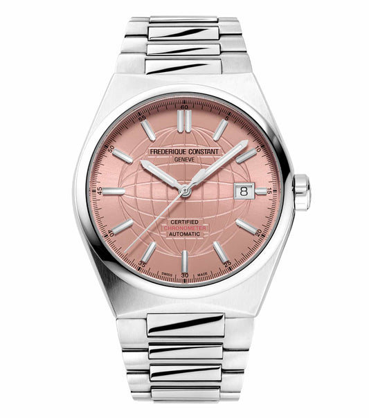 Frederique Constant silver watch, COSC certified, 39mm, with elegant stainless steel bracelet, front view showcasing craftsmanship.