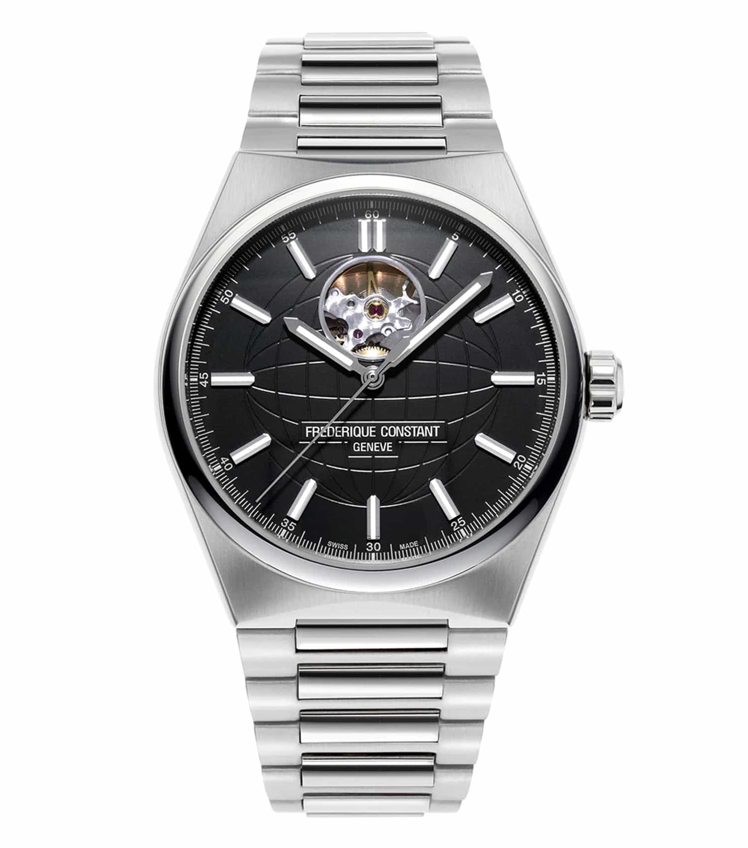 Frederique Constant silver automatic watch, 41mm, side angle; elegant black dial, luxurious stainless steel bracelet.