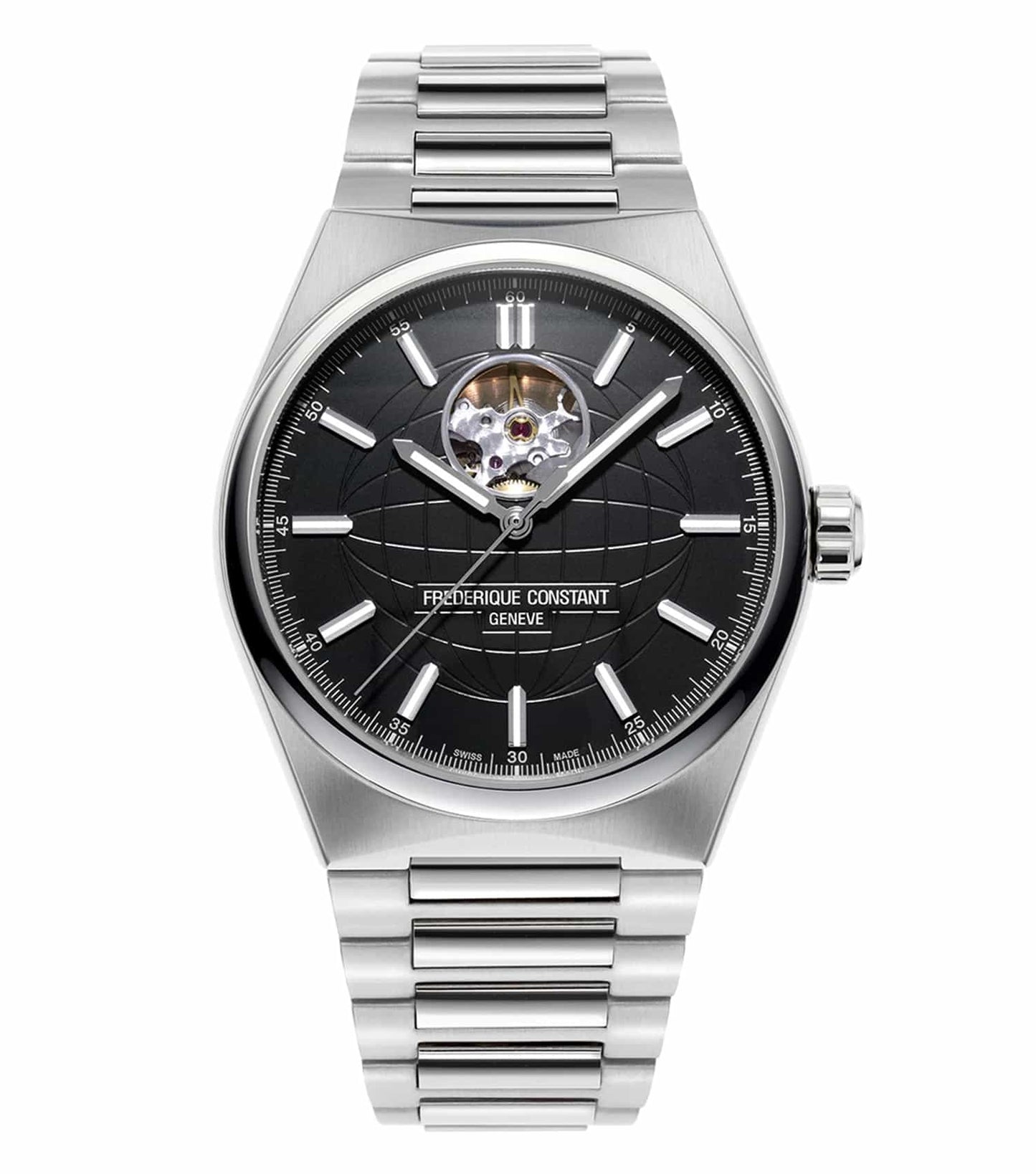 Frederique Constant silver automatic watch, 41mm, side angle; elegant black dial, luxurious stainless steel bracelet.