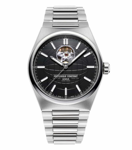 Frederique Constant silver automatic watch, 41mm, side angle; elegant black dial, luxurious stainless steel bracelet.