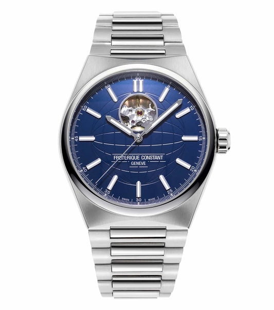 Frederique Constant silver automatic watch, navy blue dial, showcased at a slight angle; elegance for true watch enthusiasts.