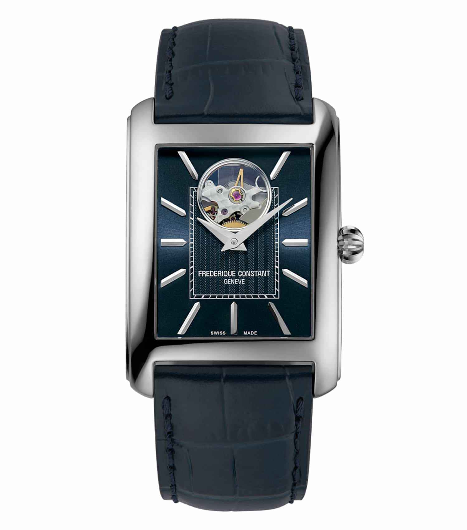 Frederique Constant red watch face angled view, detailed design, sleek red leather strap, luxury wristwatch timeless elegance