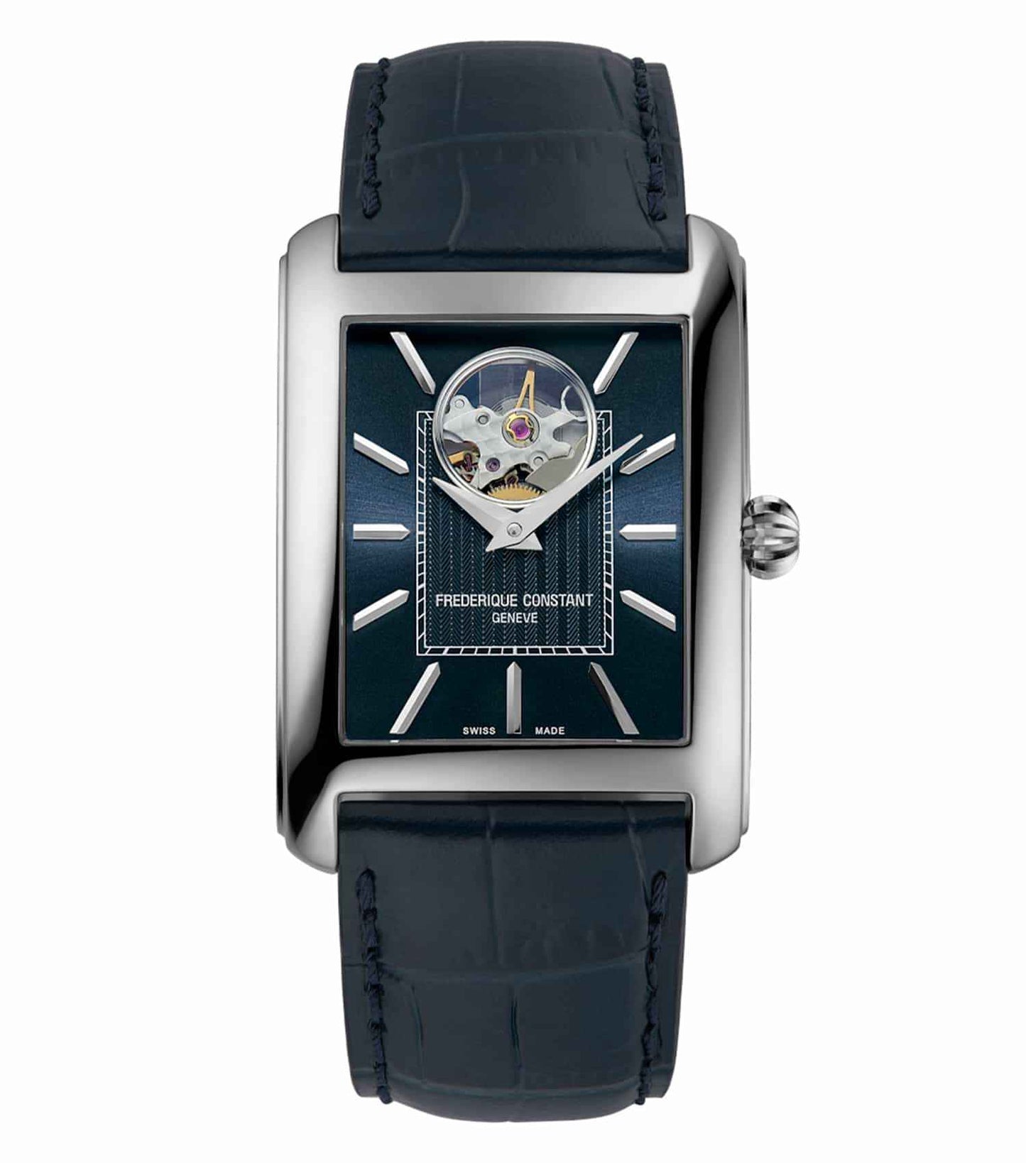 Frederique Constant red watch face angled view, detailed design, sleek red leather strap, luxury wristwatch timeless elegance