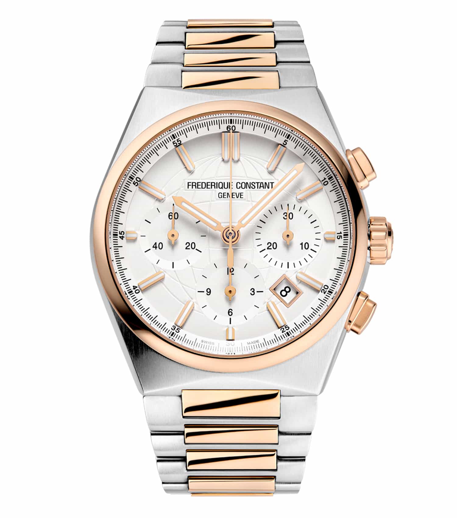 Frederique Constant silver watch with elegant two-tone design, angled top view, showcasing detailed craftsmanship.