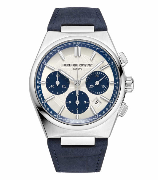 Frederique Constant silver watch at a 45-degree angle, featuring a blue dial and elegant design, perfect for timepiece enthusiasts.