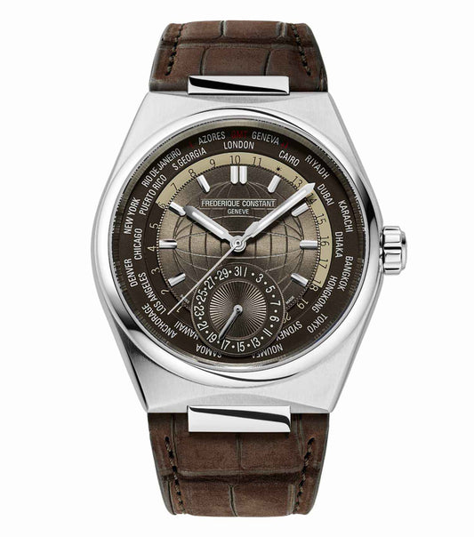 Frederique Constant brown watch, side angle view; elegant 41mm design with textured dial, leather strap, and classic craftsmanship.