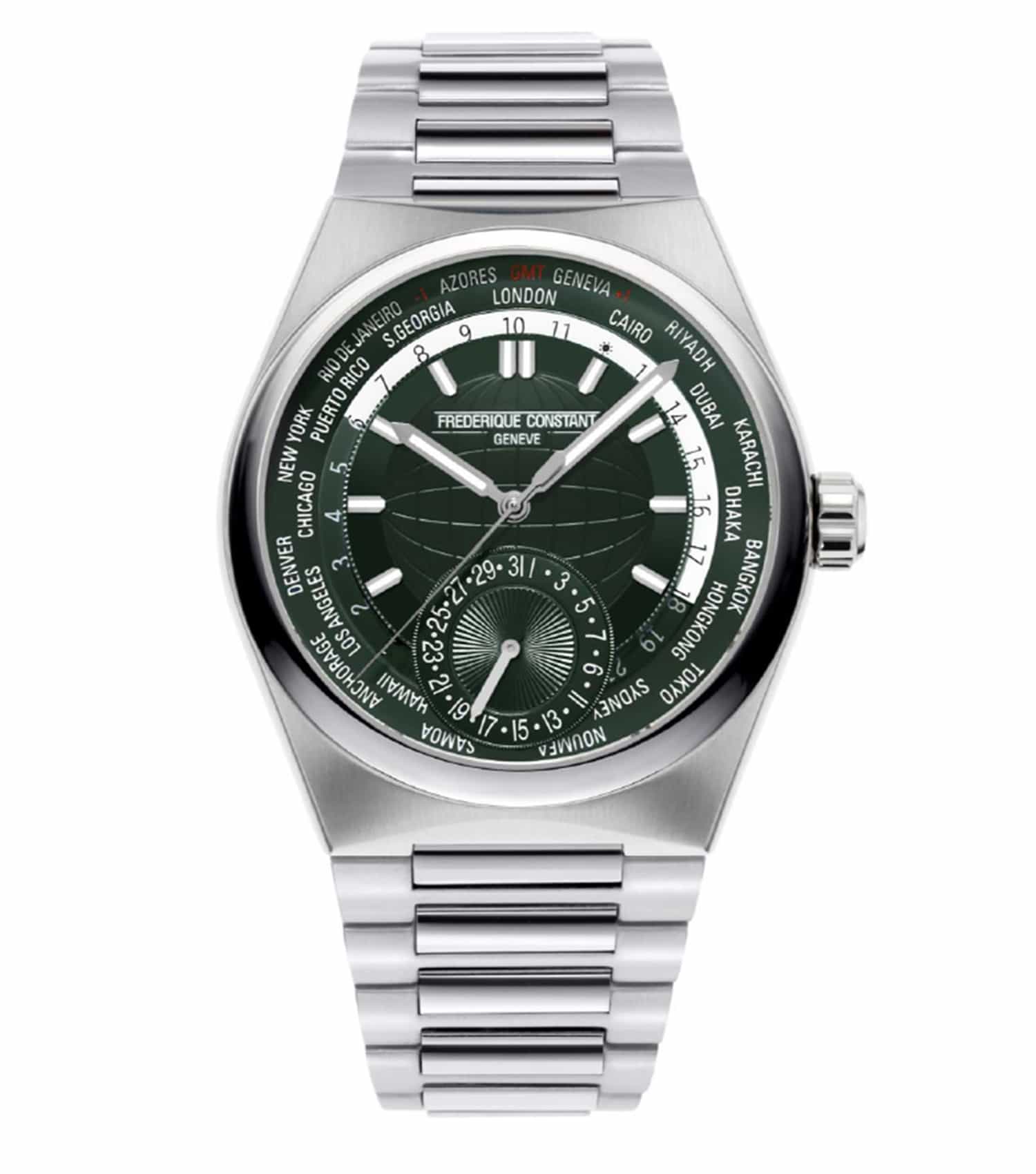Frederique Constant green watch, silver bezel, 41MM size, showcased at an angled front view; elegant craftsmanship.