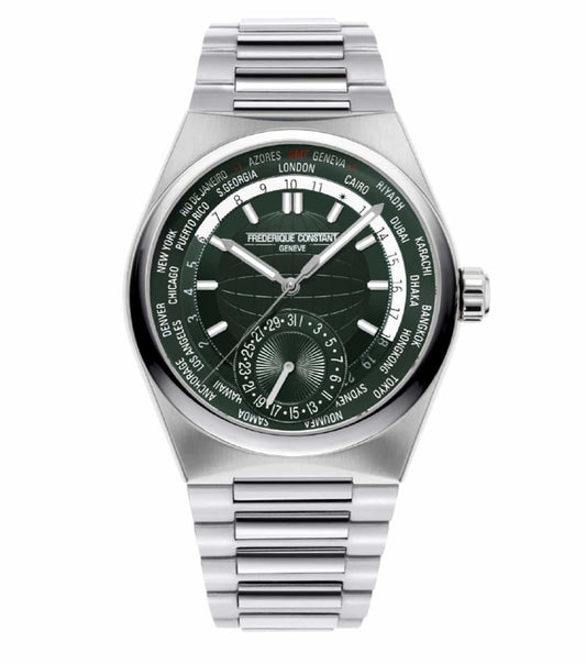 Frederique Constant green watch, silver bezel, 41MM size, showcased at an angled front view; elegant craftsmanship.