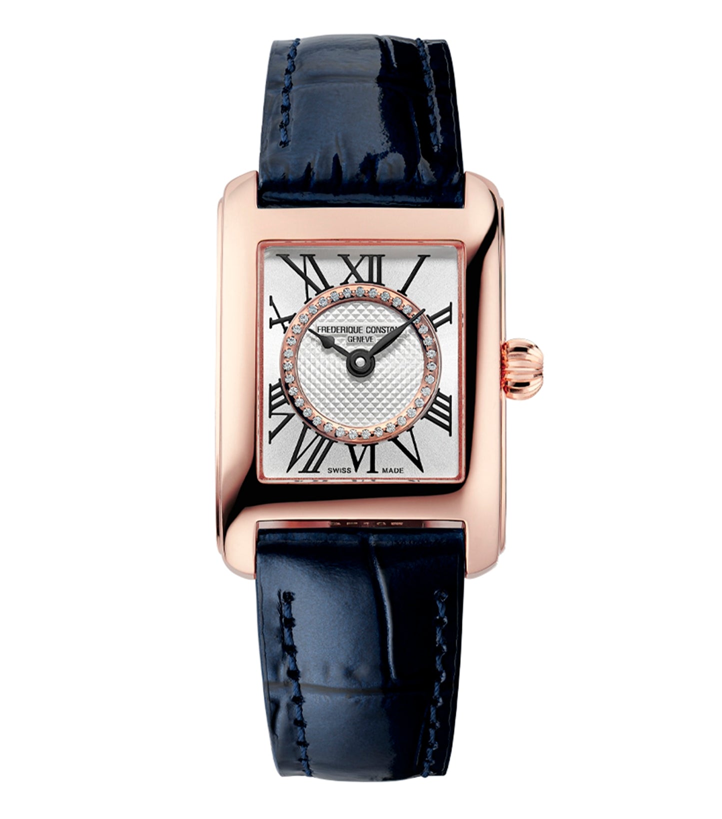 Elegant Frederique Constant silver watch with a classic round face, captured at a 45-degree angle, showcasing refined craftsmanship.