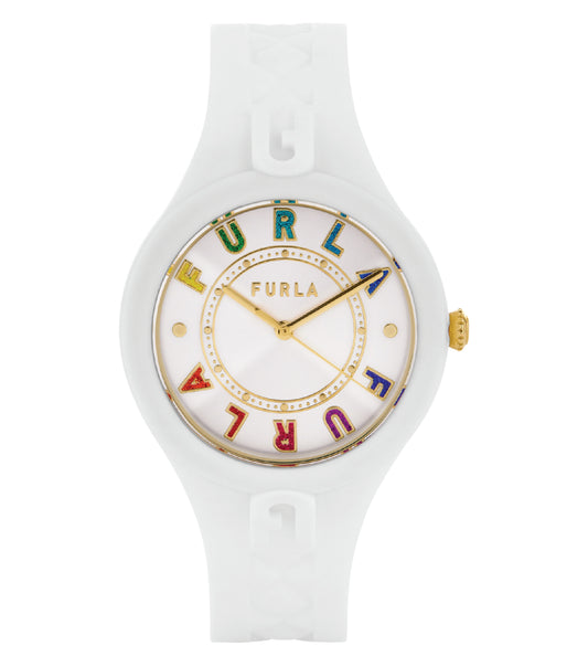 Elegant Furla watch in Quartz color, showcased at a front-facing angle; sleek design with metallic strap and minimalist dial.