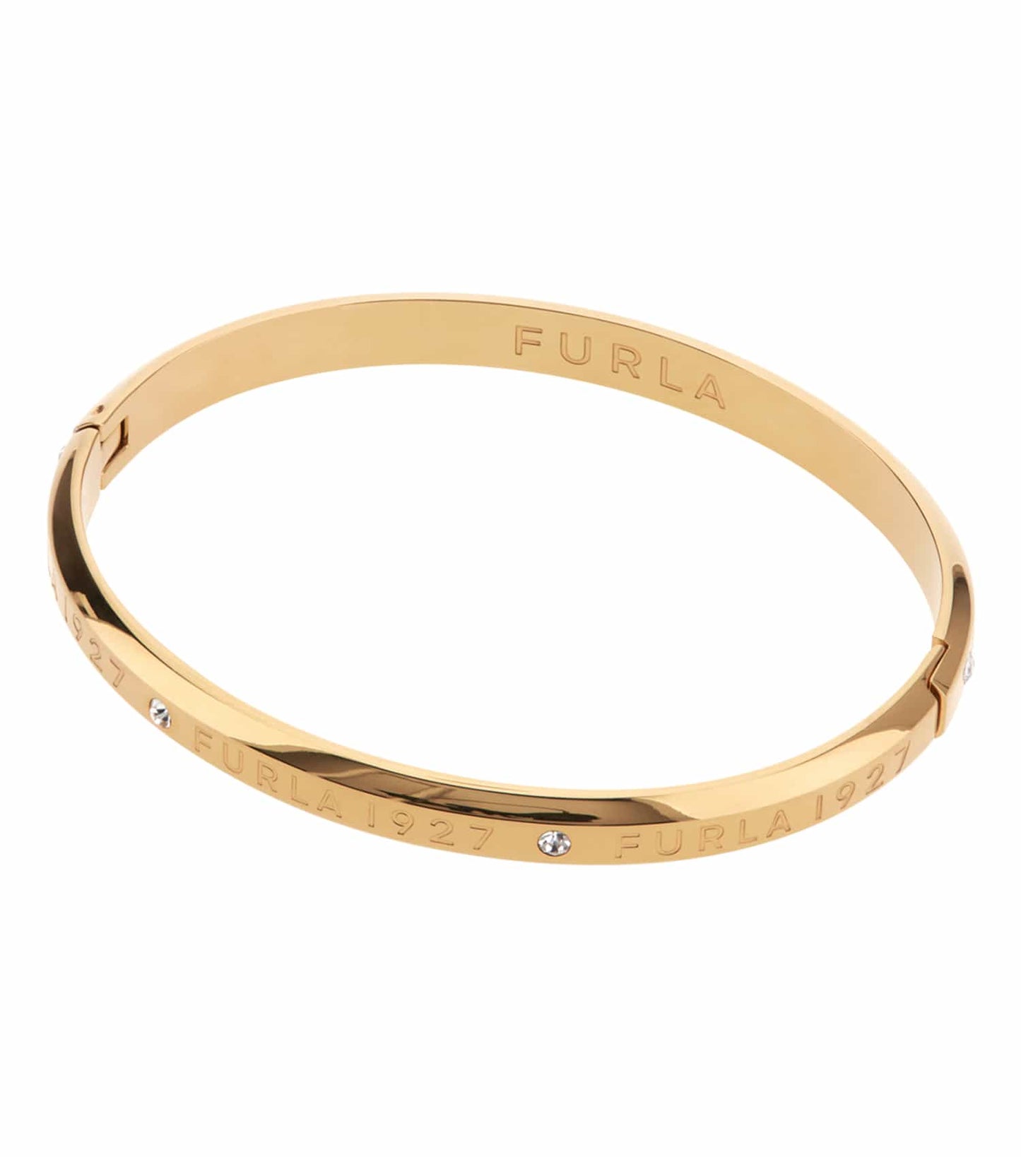 Furla gold bracelet, showcasing elegant design with a side angle view, highlighted by its sleek, polished finish and timeless charm.