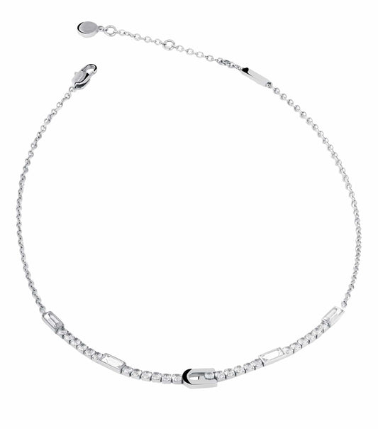 Furla silver necklace featuring a sleek design, captured in a front angle highlighting its elegant simplicity and metallic finish.