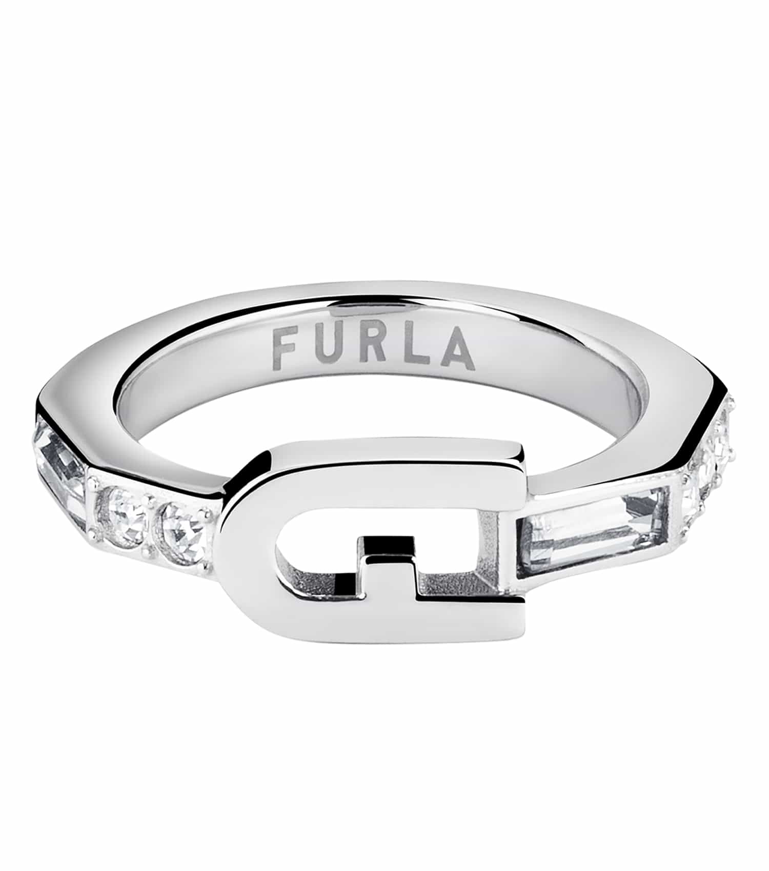 Furla silver ring sparkling with elegant design; front view showcases its modern charm and sleek, polished finish.