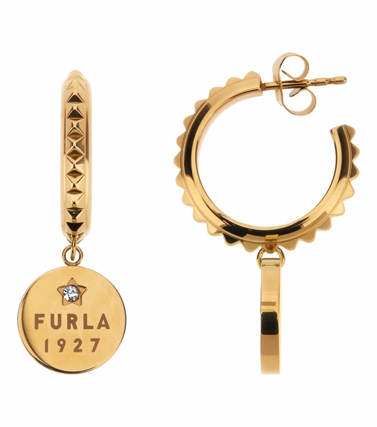 Furla gold earrings, close-up shot, elegant design with intricate detailing, showcasing a luxurious and stylish accessory.