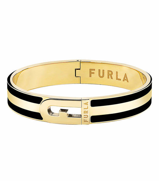 Furla gold bracelet with black accents, showcased at a 45-degree angle, elegantly capturing its chic and timeless design.