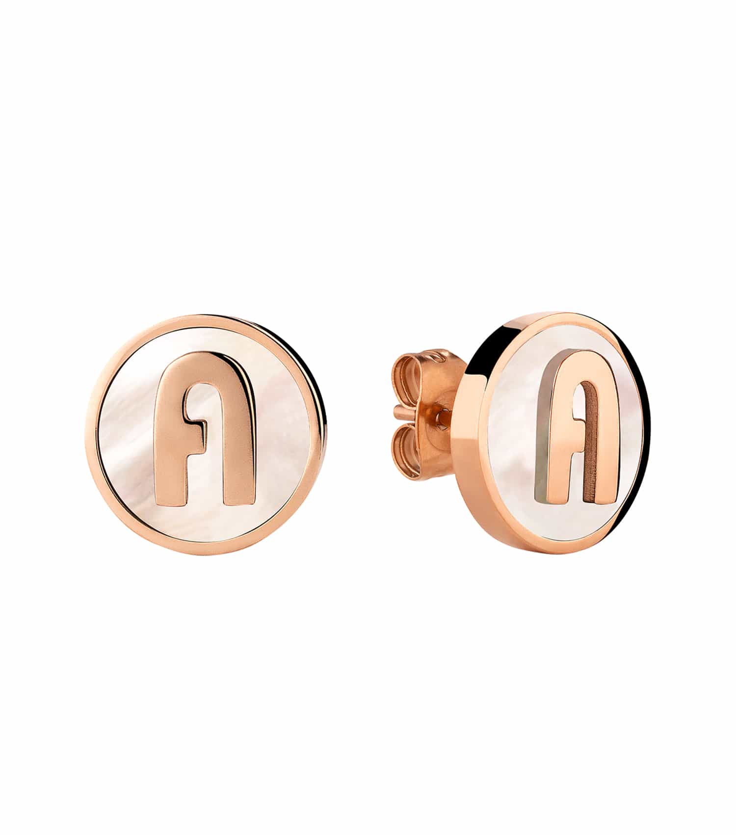 Furla rose gold earring with a mother of pearl accent, displayed at an angled view showcasing its elegance and color vibrancy.