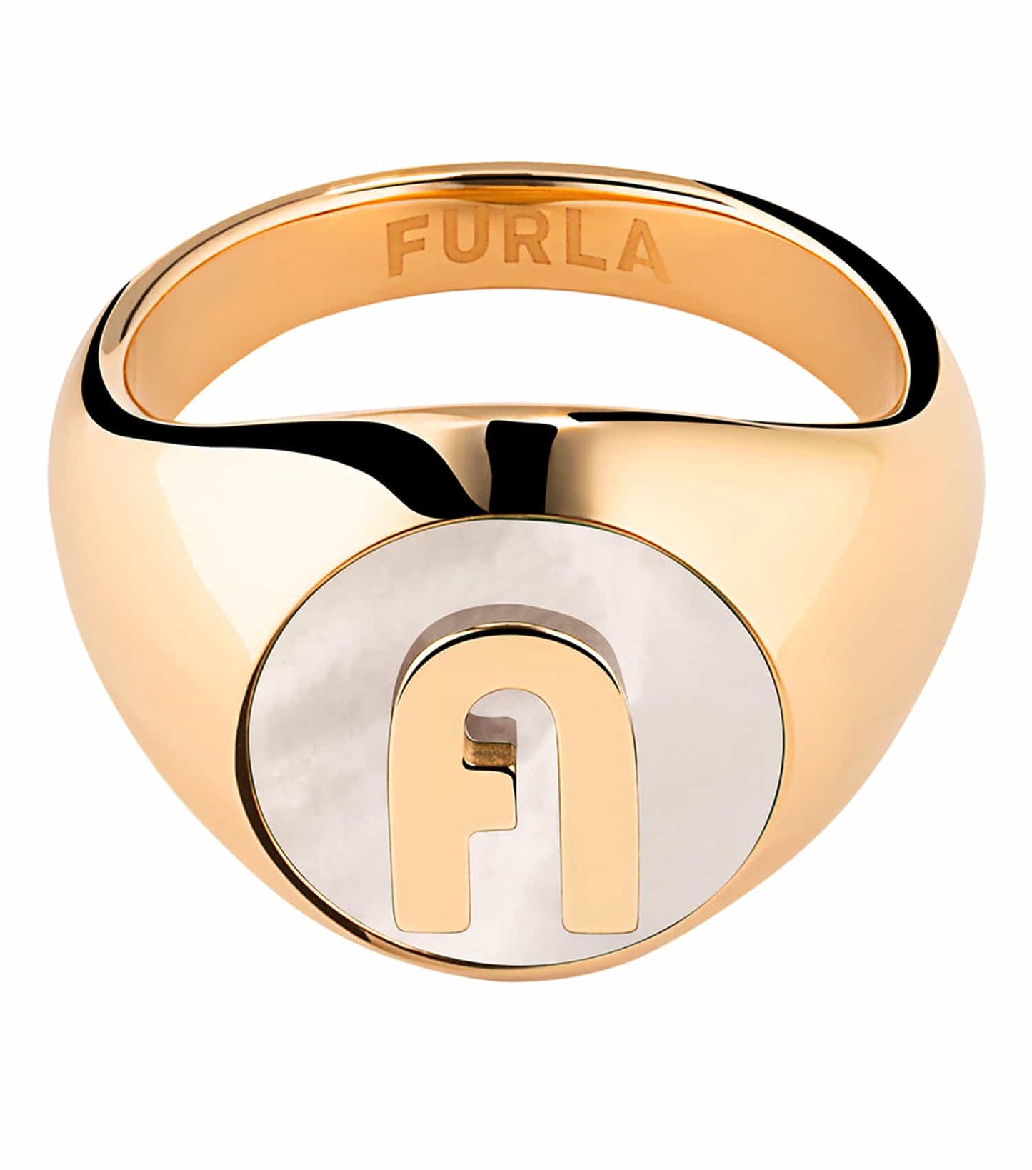 Furla Rose Gold ring featuring intricate design details with a Mother of Pearl accent, captured from a top-down angle.