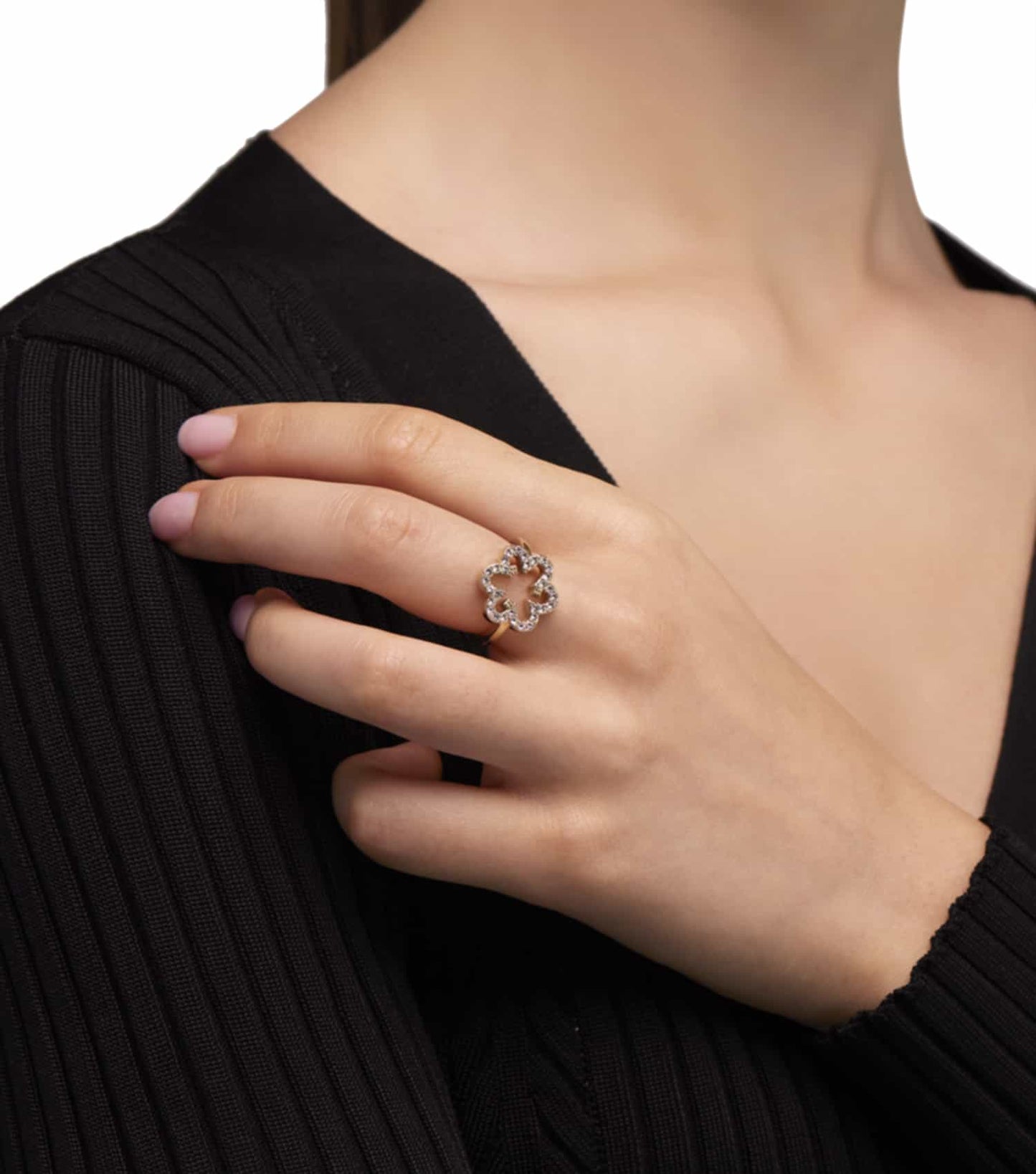 Women Fleur Ring Gold Stainless Steel & Crystals