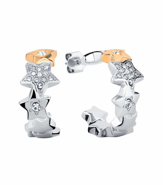 Furla silver and rose gold earrings, side view, showcasing a harmonious blend of colors in a refined, luxurious fashion accessory.