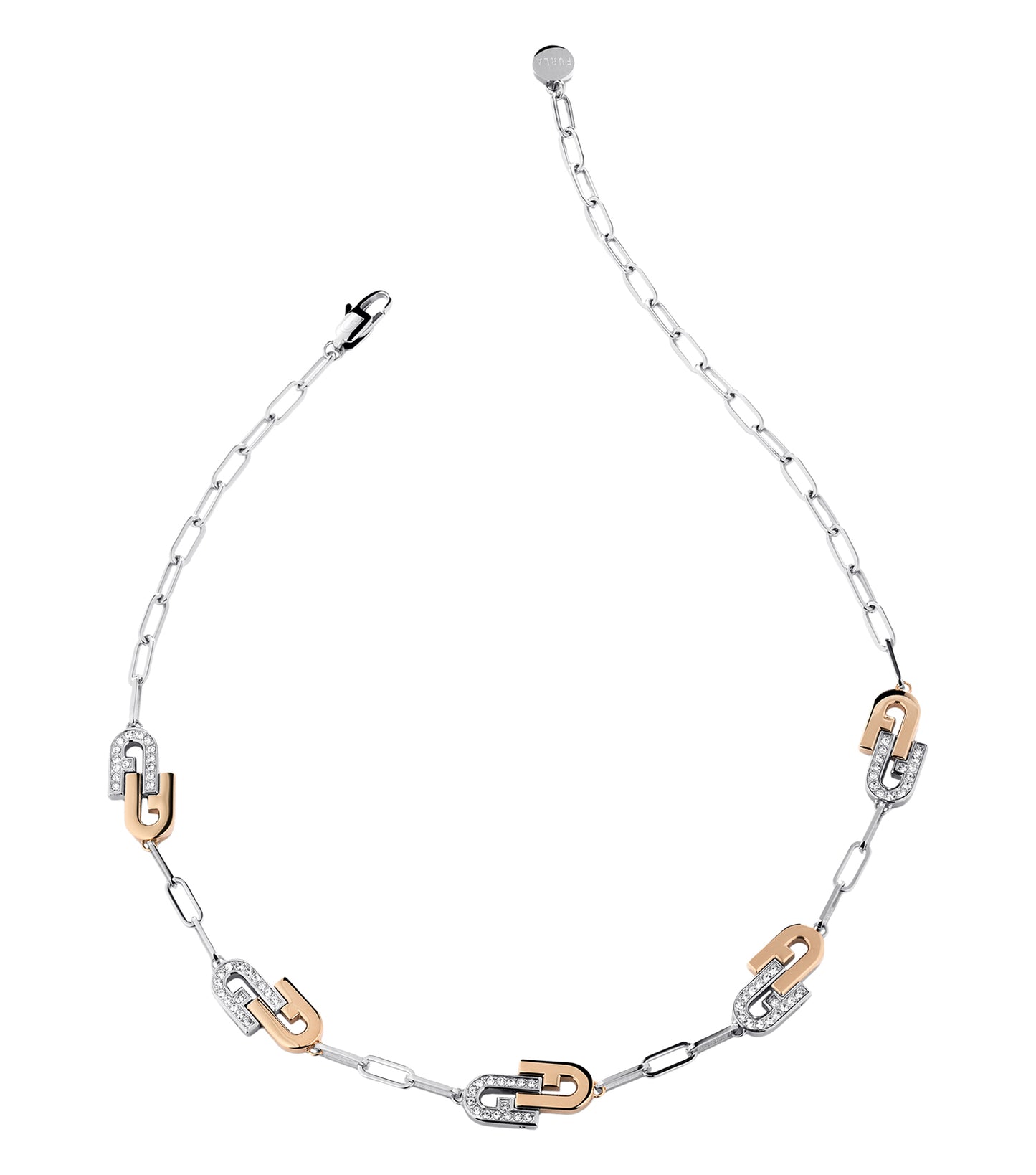Furla silver and yellow gold-tone necklace displayed at an angle showcasing its intricate design and lustrous details.