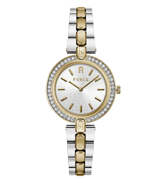 Furla Watch with a sleek gold strap and round face, angled right, showcasing luxury and refinement in timepiece design.