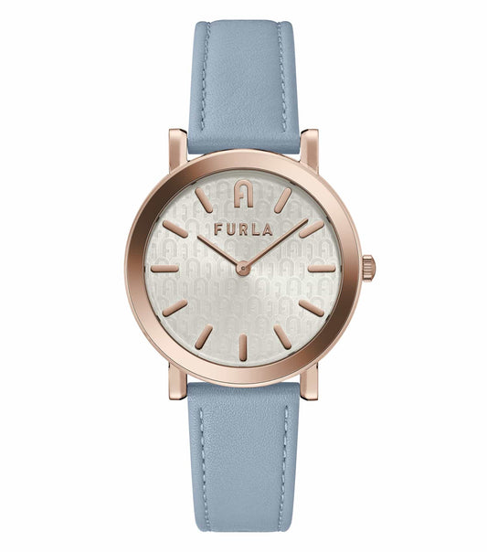 Furla luxury gold-tone watch with a minimalist 3 o'clock angle view, showcasing a chic round dial and elegant bracelet band.