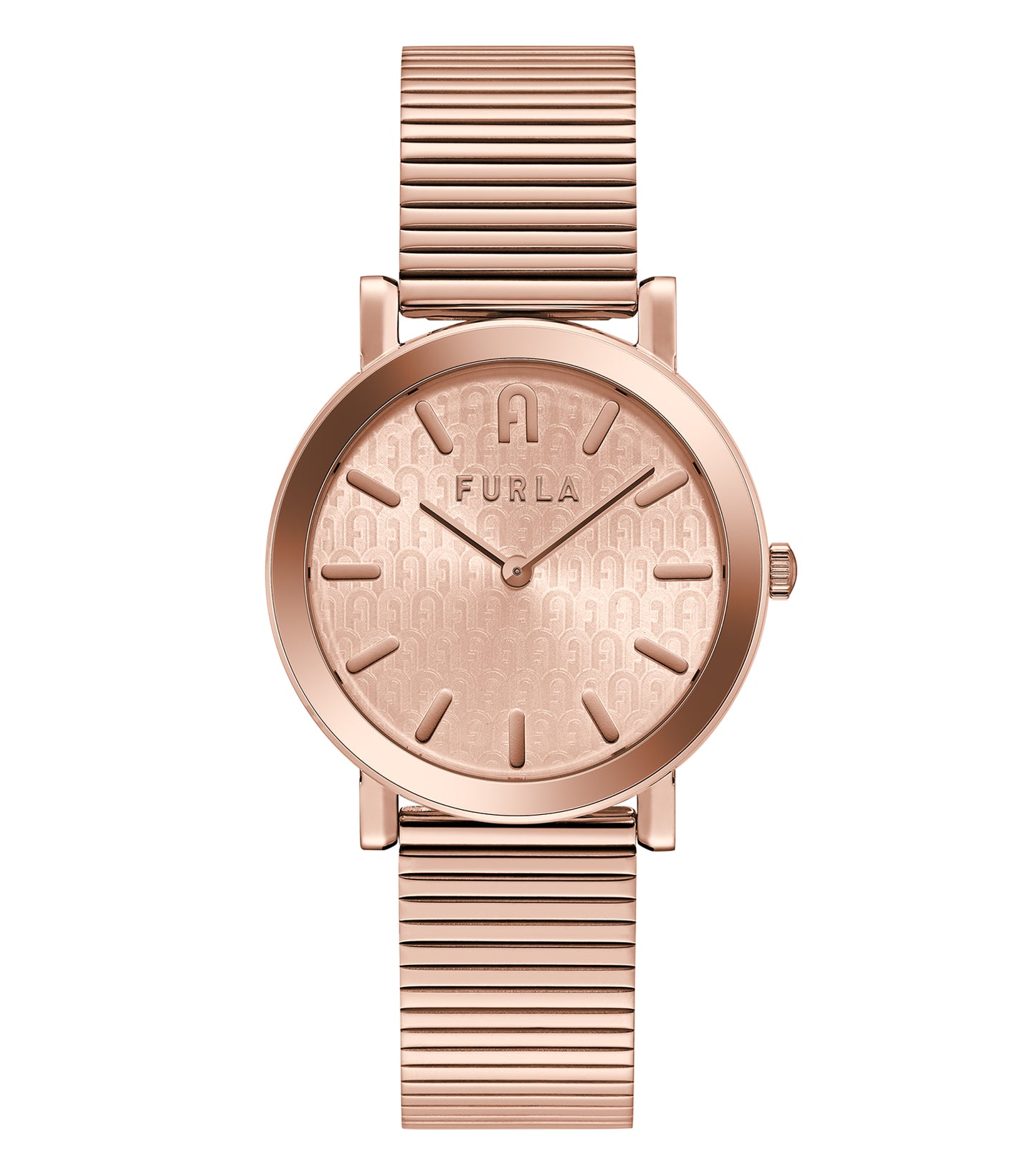Furla watch with a classic round dial, neutral color scheme, and sleek strap, captured from a front angle.