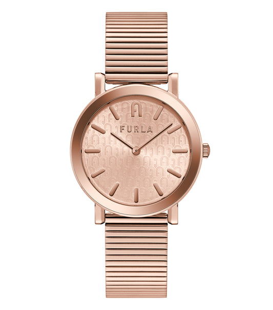 Furla watch with a classic round dial, neutral color scheme, and sleek strap, captured from a front angle.