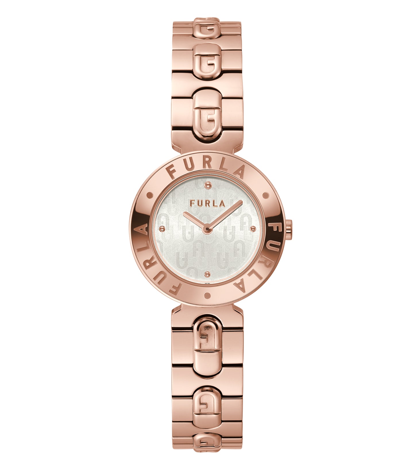 Furla Quartz Watch in soft pink, close-up angle; featuring a classic round face, metallic accents, and minimalist design.