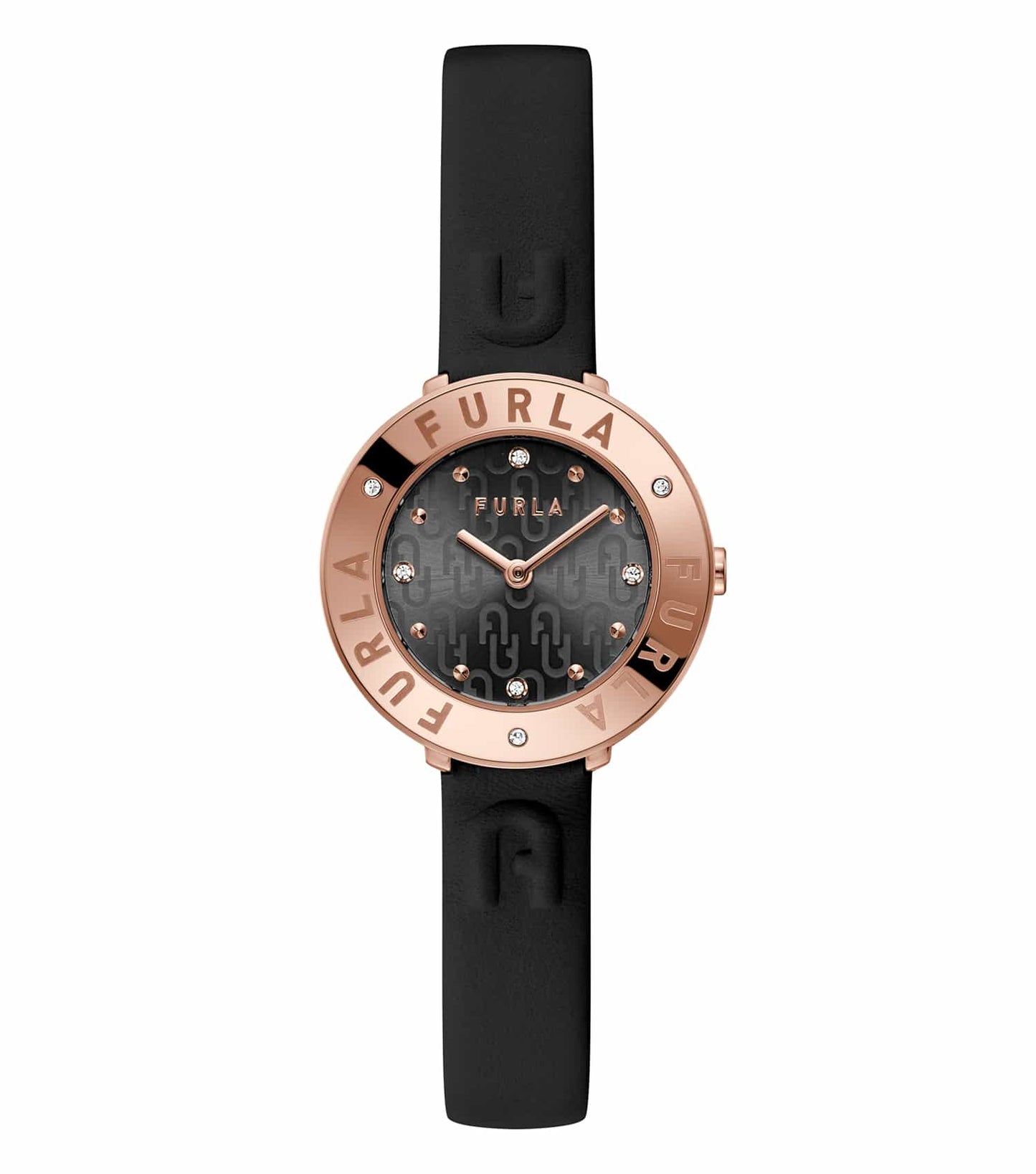 Furla black watch displayed at a 30-degree angle, showcasing sleek design and elegance, perfect for watch enthusiasts.