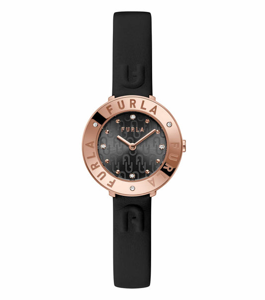 Furla black watch displayed at a 30-degree angle, showcasing sleek design and elegance, perfect for watch enthusiasts.