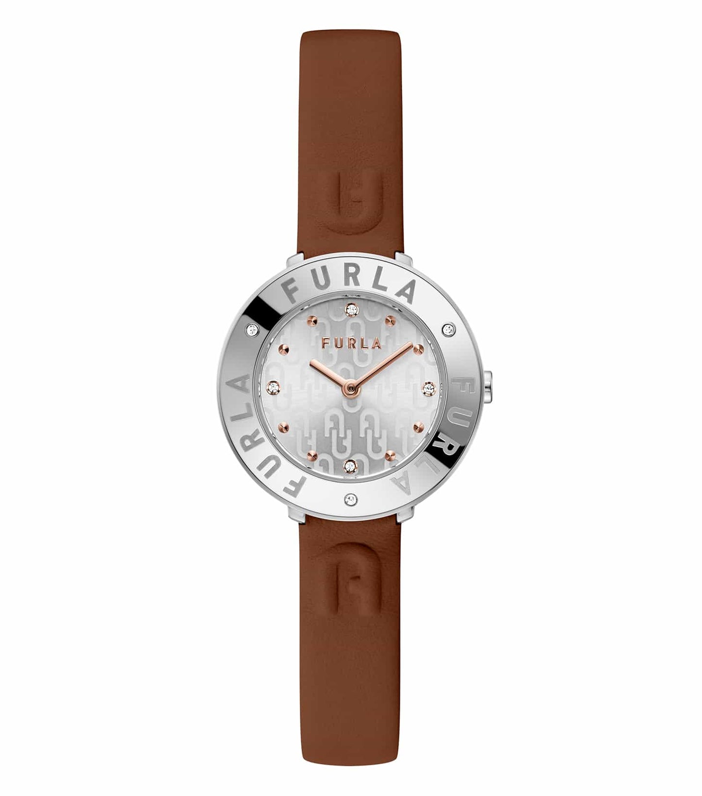 Furla brown watch with easygoing flow, viewed from an elegant 30-degree angle, showcasing a sleek design and smooth strap.