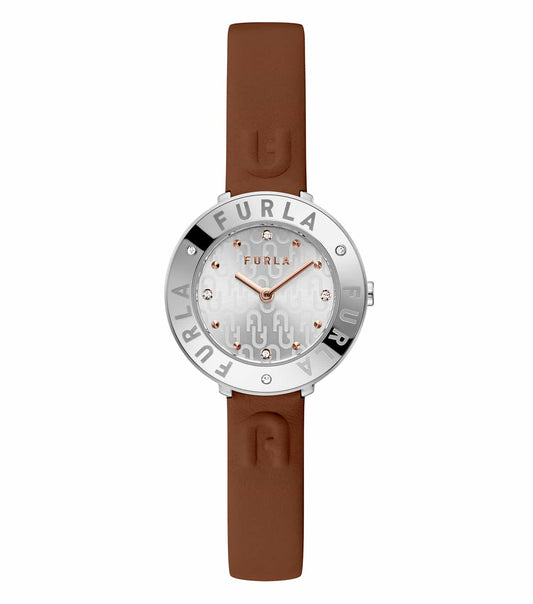 Furla brown watch with easygoing flow, viewed from an elegant 30-degree angle, showcasing a sleek design and smooth strap.
