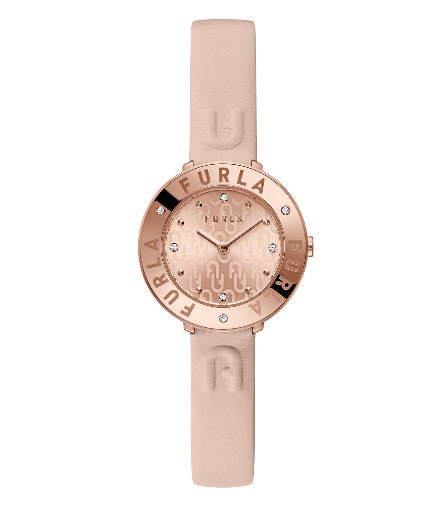 Furla pink watch displayed at an angled view, showcasing elegant design and detail, featuring a sleek face and chic strap.