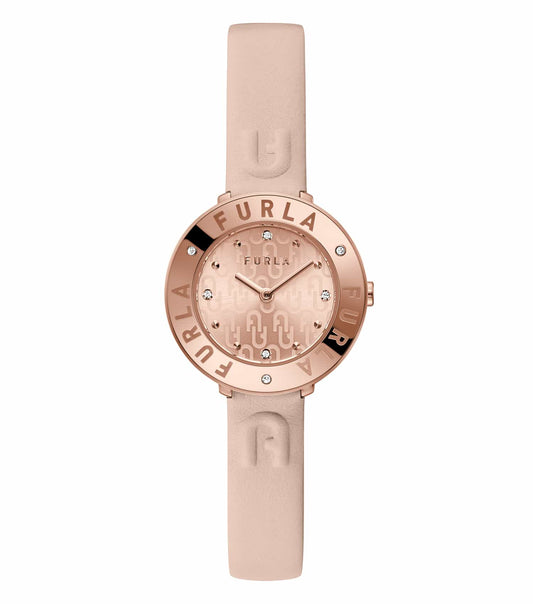 Furla pink watch displayed at an angled view, showcasing elegant design and detail, featuring a sleek face and chic strap.