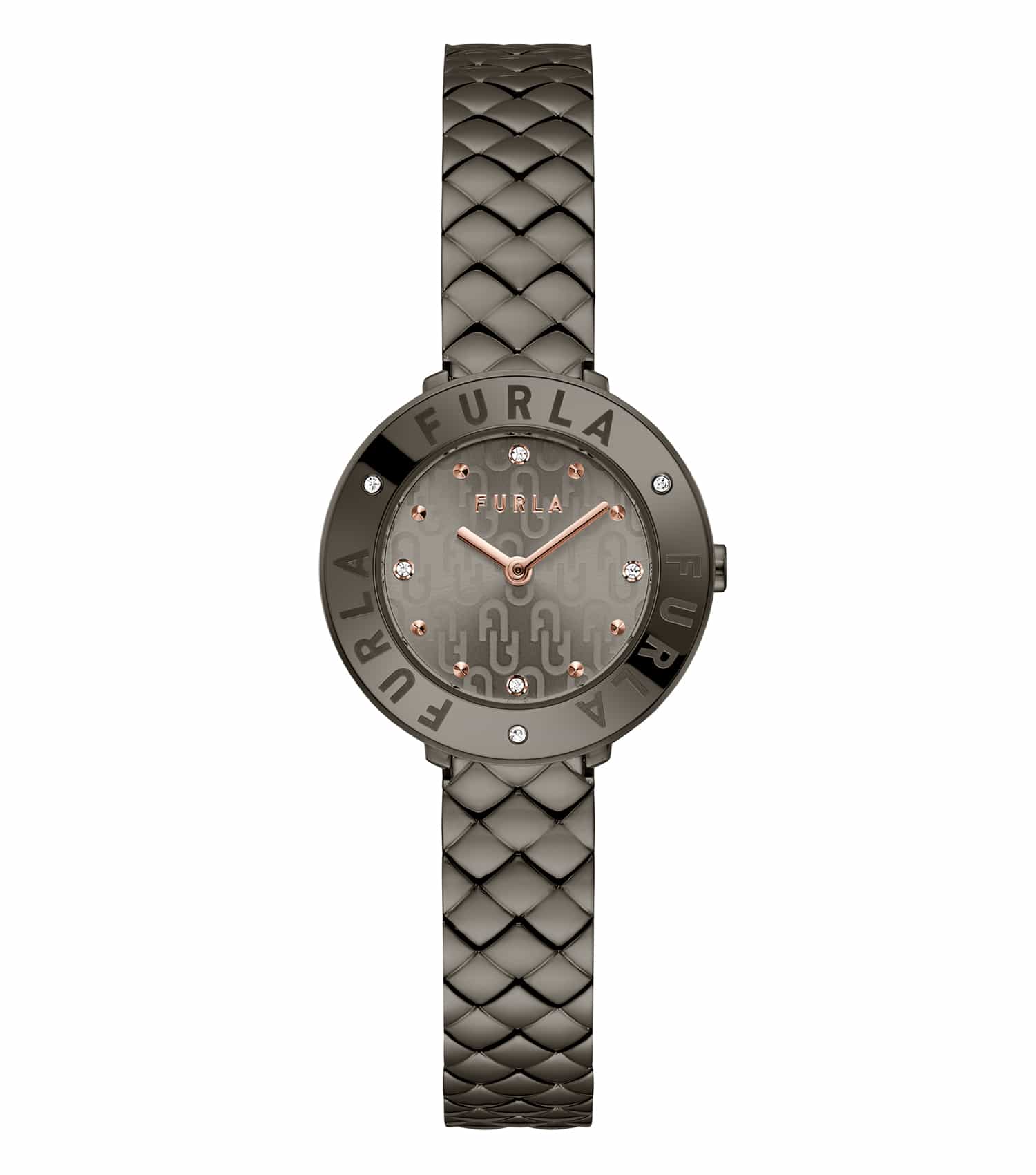 Furla watch with a sleek gray strap and minimalist dial, front view; showcases elegant modern design and sophistication.