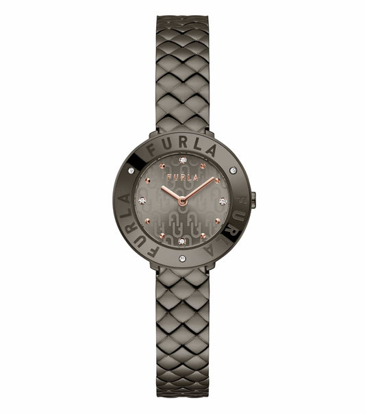 Furla watch with a sleek gray strap and minimalist dial, front view; showcases elegant modern design and sophistication.