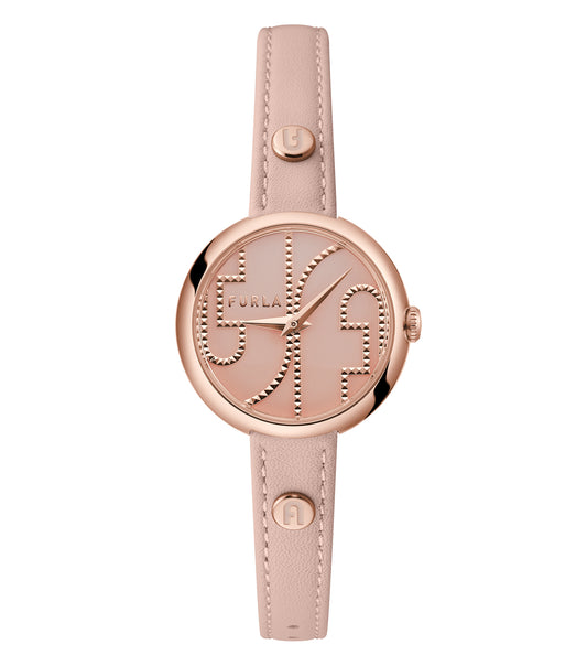 Furla Cosy Quartz Watch, front-angle view, showcasing elegant rose gold case, minimalist dial, and sleek strap design.